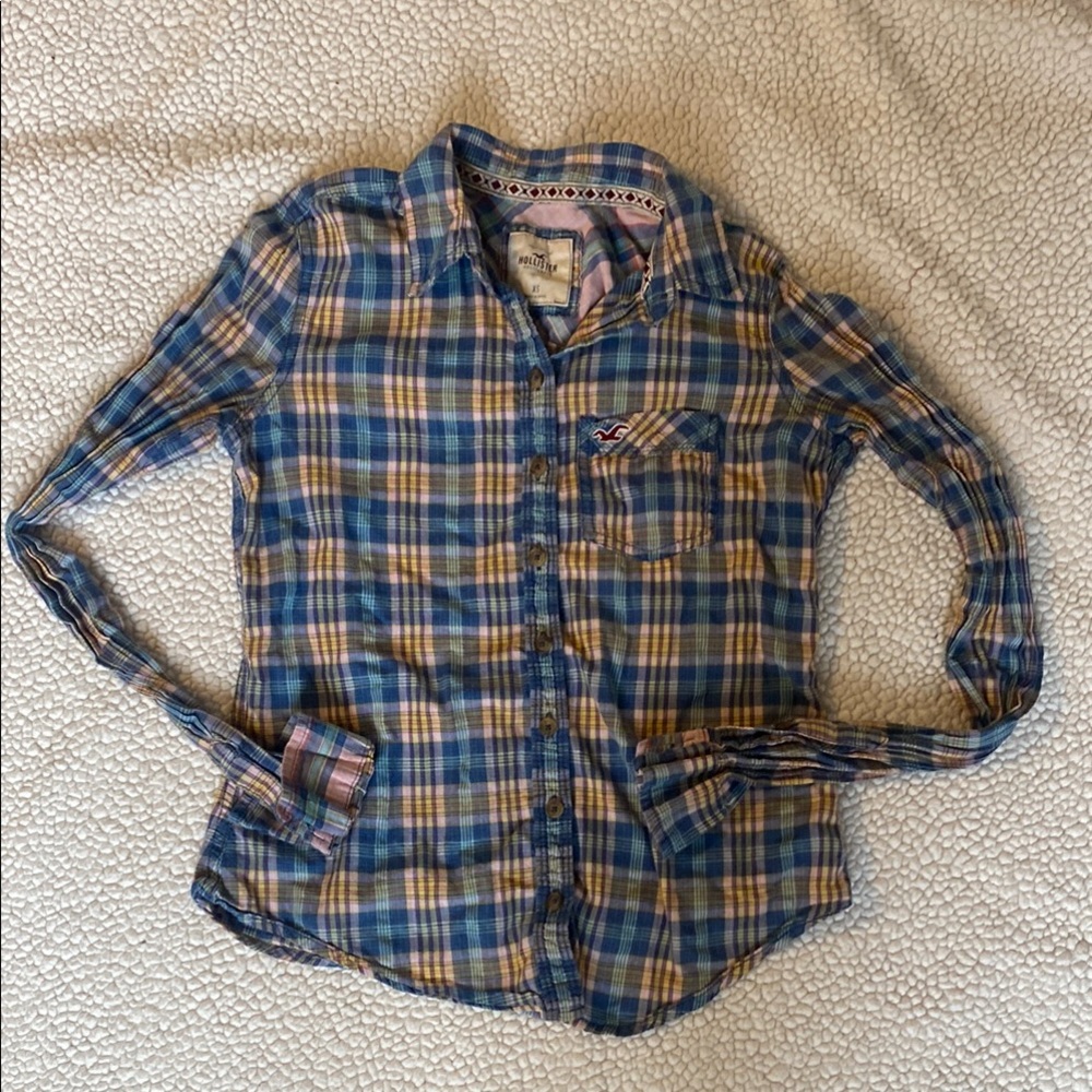 Hollister Plaid Button Down Shirt - Blue and Yellow
